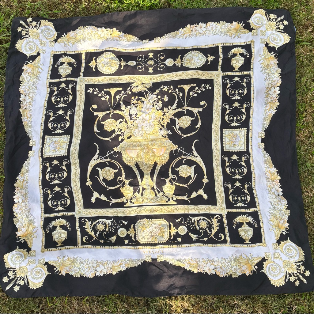Elegant Black And Gold Versace Silk Scarf